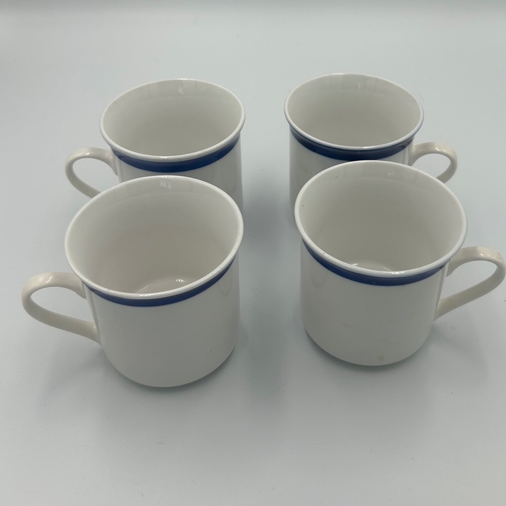 Gibson Everyday White Ceramic Coffee Mugs Navy Blue Rim Stripe Set of 4